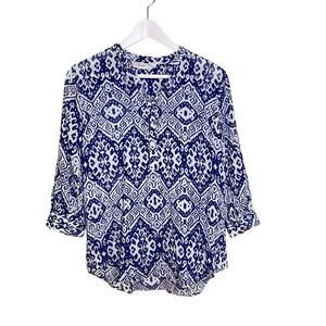 Dolma Blue & White Ikat Print Size S Roll Tab Sleeve Lightweight Pop Over Shirt